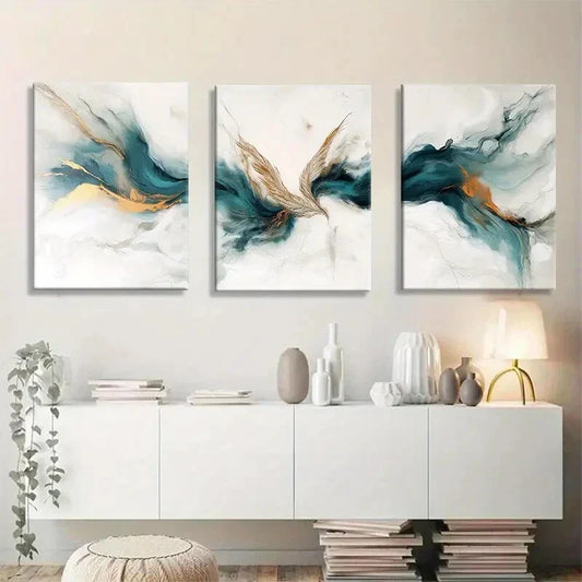 3pcs Teal, White, and Golden Abstract Wave Design Metal Print Ready to Hang Art