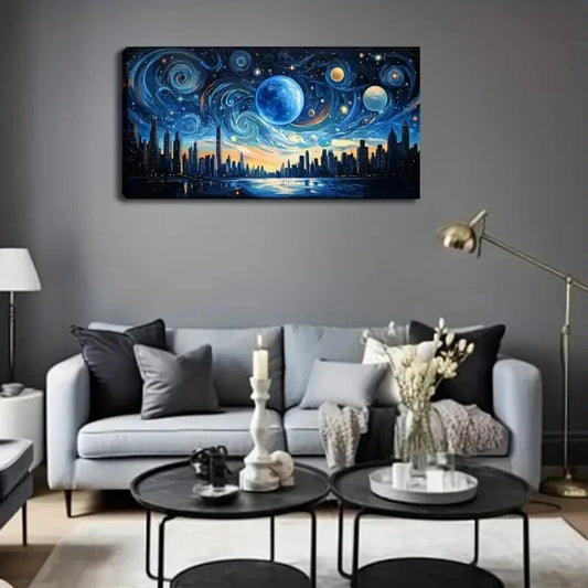 Cosmic Cityscape Swirling Sky Wall Art Canvas Office Home Room Framed 80x45cm