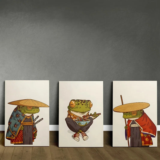 3pcs Cute Funny Vintage Samurai Frog Metal Print Ready to Hang Art