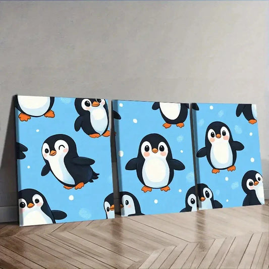 3pcs  Lots of cute little penguins Wall Art Set Canvas Framed 40x60cm - High Quality Print 100% Australian Made Wall Canvas Ready to Hang