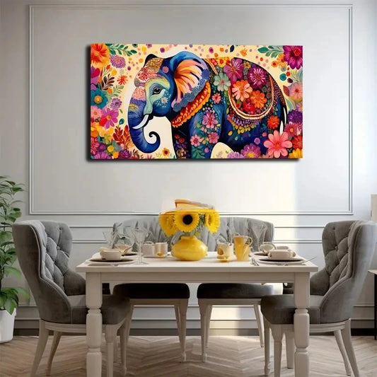 Vibrant Elephant Floral Wall Art Canvas Office Home Room Framed 80x45cm