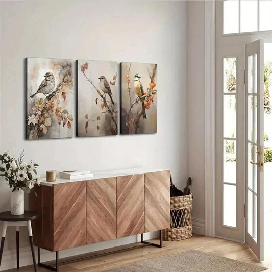 3pcs Cartoon Autumn Birds Deco Classic Wall Art Set Canvas Framed 40x60cm - High Quality Print 100% Australian Made Wall Canvas Ready to Hang