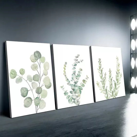 3pcs Lone Green Leaves Water Coloured Canvas Framed 40x60cm - High Quality Print 100% Australian Made Wall Canvas Ready to Hang