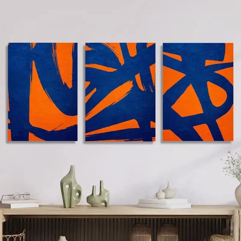 3pcs Orange &amp; Blue Hand-in-Hand Design Metal Print Ready to Hang Art