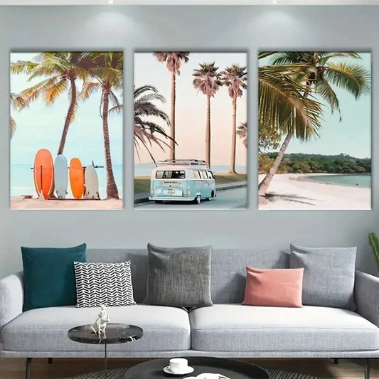 3pcs Modern Beach and Palm Trees Metal Print Ready to Hang Art