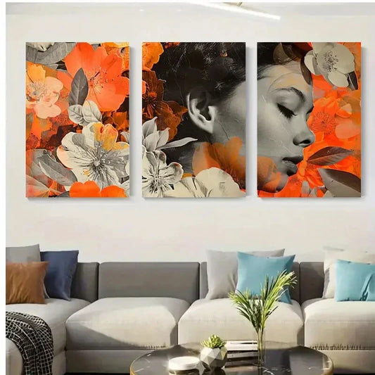 3pcs Abstract Floral Women Portraits, Orange Metal Print Ready to Hang Art