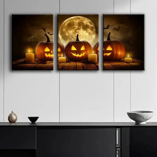 3pcs Spooky Jack-O'-Lanterns & Moonlit Night Metal Print Ready to Hang Art