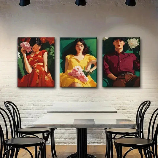 3pcs Young Couple with Flowers Vibrant Perfect Wall Art Set Canvas Framed 40x60cm - High Quality Print 100% Australian Made Wall Canvas Ready to Hang