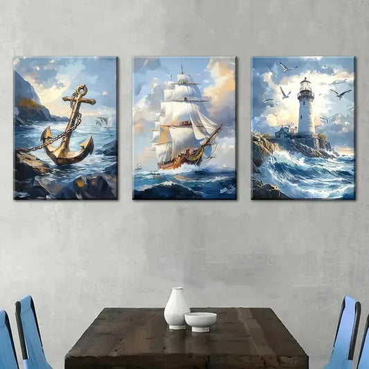 3pcs Abstract Nautical Anchor Sailboat Lighthouse  Metal Print Ready to Hang Art