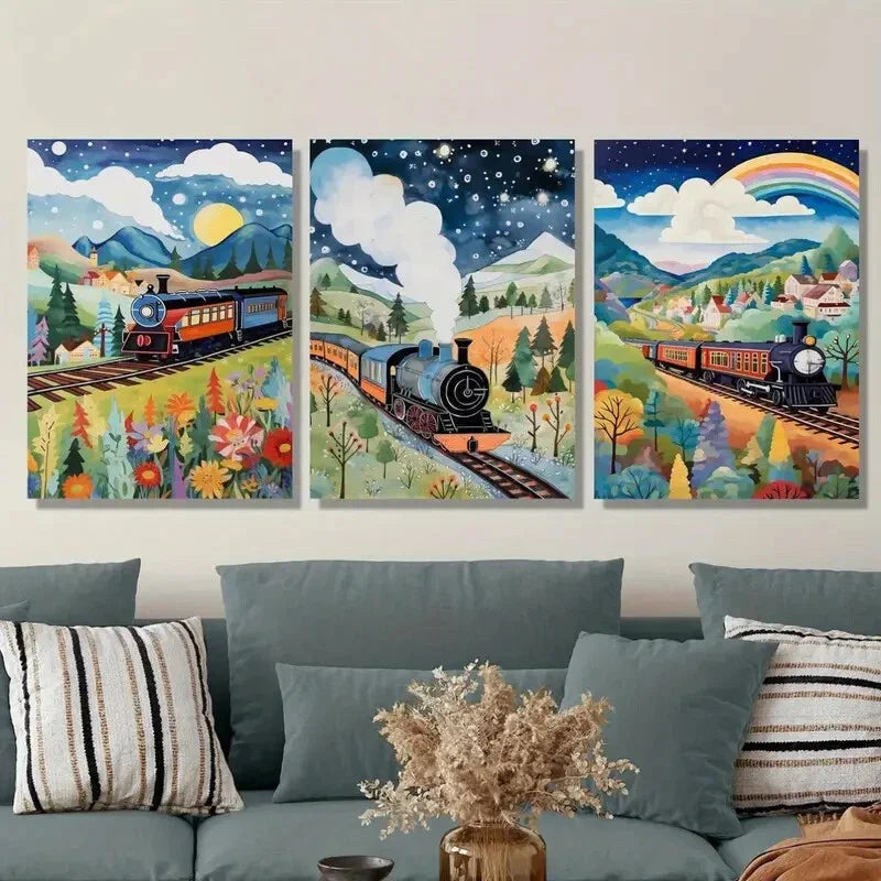 3pcs Train Poster, Beautiful Creative Art Metal Print Ready to Hang Art