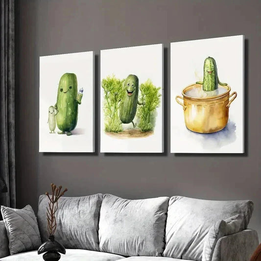 3pcs Cartoon Cucumber Watercolor Painting Wall Art Set Canvas Framed 40x60cm - High Quality Print 100% Australian Made Wall Canvas Ready to Hang