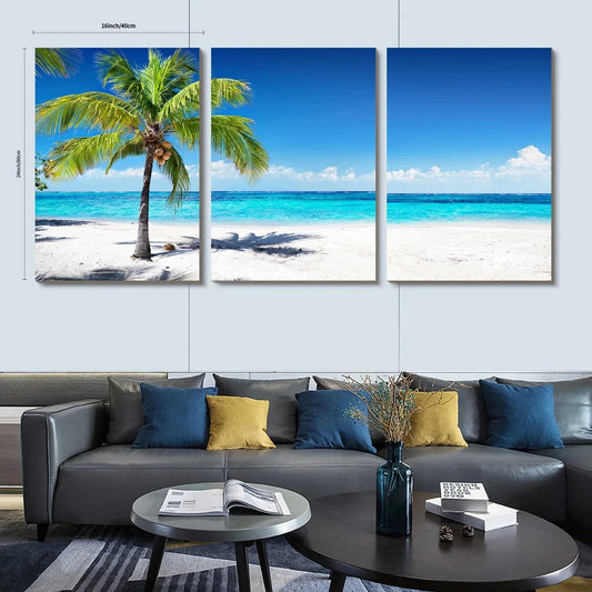 3pcs Beach Coconut Tree Blue Sky White Clouds Metal Print Ready to Hang Art