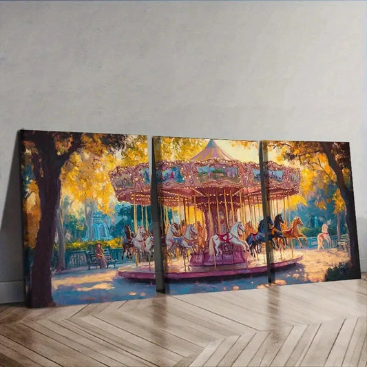 3pcs Pink Carousel Design Wall Art Set Canvas Framed 40x60cm - High Quality Print 100% Australian Made Wall Canvas Ready to Hang