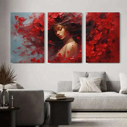 3pcs Abstract Red Flower Vibrant Modern Metal Print Ready to Hang Art