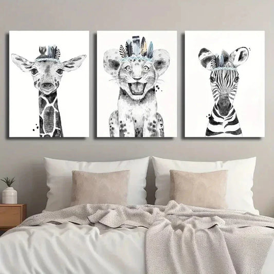 3pcs Black & White Animal Giraffe Lion and Zebra Metal Print Ready to Hang Art