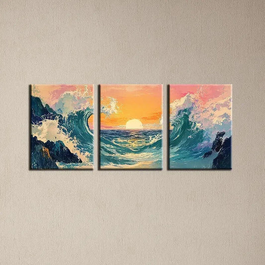 3pcs Seascape with Sunset, Waves & Rocky Shoreline Metal Print Ready to Hang Art