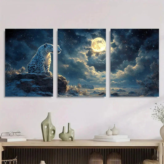 3pcs Majestic Snow Leopard Vintage Metal Print Ready to Hang Art