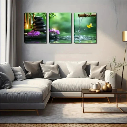 3pcs  purple Flowers & Serene Waters Wall Art Set Canvas Framed 40x60cm - High Quality Print 100% Australian Made Wall Canvas Ready to Hang