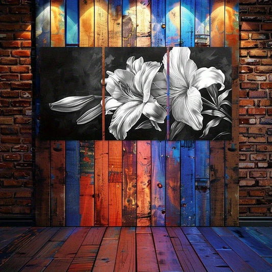 3pcs Black and White Lily Floral Metal Print Ready to Hang Art