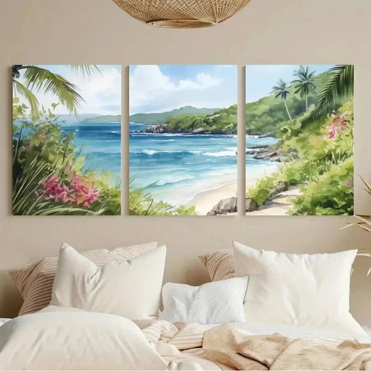3pcs Tropical Beach Landscape with Palm Trees Metal Print Ready to Hang Art