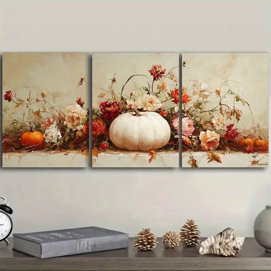 3pcs Paintings of pumpkins and flowers Metal Print Ready to Hang Art