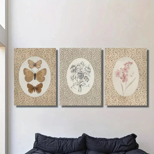 3pcs  Vintage butterfly art, antique pink flower Wall Art Set Canvas Framed 40x60cm - High Quality Print 100% Australian Made Wall Canvas Ready to Hang