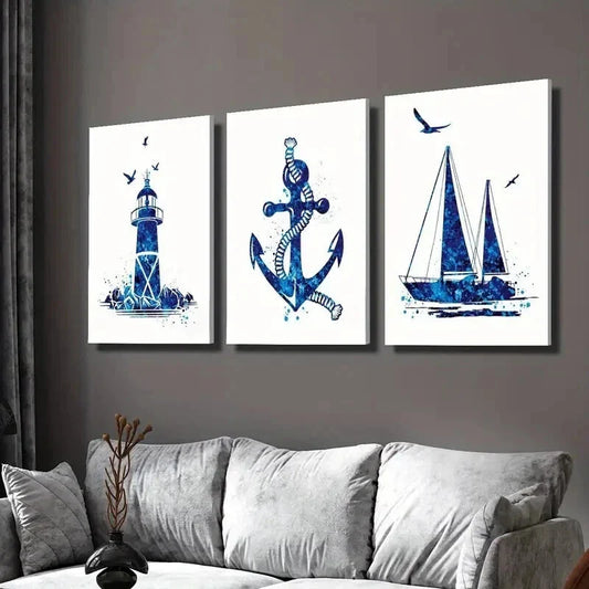 3pcs Navy Blue Lighthouse Sailboat Anchor Wall Art Set Canvas Framed 40x60cm - High Quality Print 100% Australian Made Wall Canvas Ready to Hang