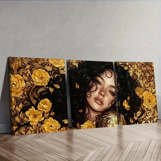 3pcs Intricate gold lace girl Wall Art Set Canvas Framed 40x60cm - High Quality Print 100% Australian Made Wall Canvas Ready to Hang