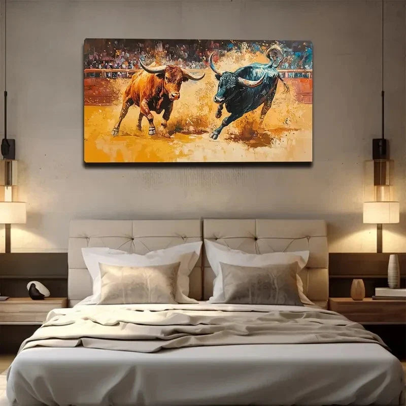 Two Powerful Bulls Wall Art Canvas Office Home Room Framed 80x45cm