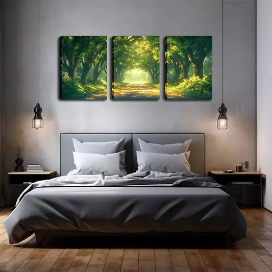 3pcs Road In Green Woods, Decorations Wall Art Set Canvas Framed 40x60cm - High Quality Print 100% Australian Made Wall Canvas Ready to Hang
