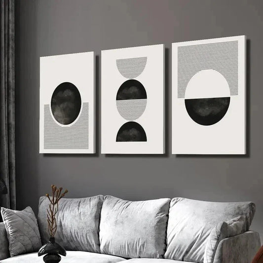 3pcs Black and White Geometric Circle and Line Wall Art Set Canvas Framed 40x60cm - High Quality Print 100% Australian Made Wall Canvas Ready to Hang