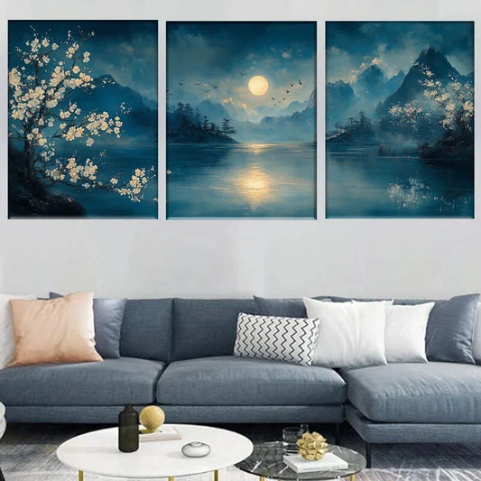 3pcs Moonlight Night Scenery Mountain Lake Metal Print Ready to Hang Art
