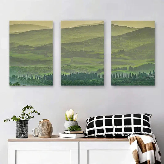 3pcs Rolling Green Hills, Cypress Trees Metal Print Ready to Hang Art