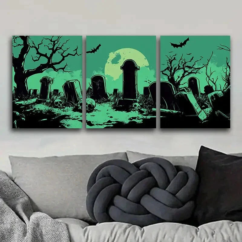 3pcs  Graveyard Halloween Theme,Metal Print Ready to Hang Art
