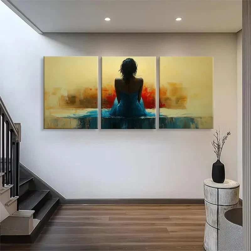 3pcs Woman in Blue Dress Abstract Serene Perfect Wall Art Set Canvas Framed 40x60cm - High Quality Print 100% Australian Made Wall Canvas Ready to Hang