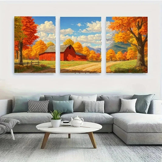 3pcs A Scenic Landscape Featuring a Red Barn Metal Print Ready to Hang Art