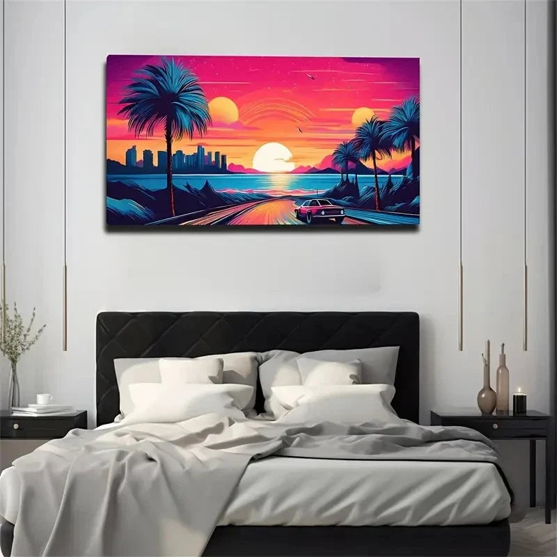 Deep Road Sunset And Car Wall Art Canvas Office Home Room Framed 120x60cm