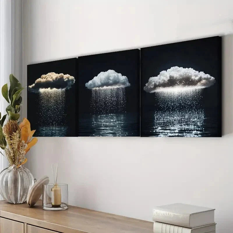 3pcs Featuring a Solitary Cloud with Rain Wall Art Set Canvas Framed 40x60cm - High Quality Print 100% Australian Made Wall Canvas Ready to Hang