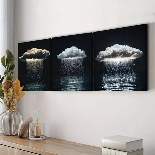 3pcs Featuring a Solitary Cloud with Rain Wall Art Set Canvas Framed 40x60cm - High Quality Print 100% Australian Made Wall Canvas Ready to Hang