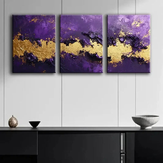3pcs Purple and Golden Abstract Design Perfect Wall Art Set Canvas Framed 40x60cm - High Quality Print 100% Australian Made Wall Canvas Ready to Hang