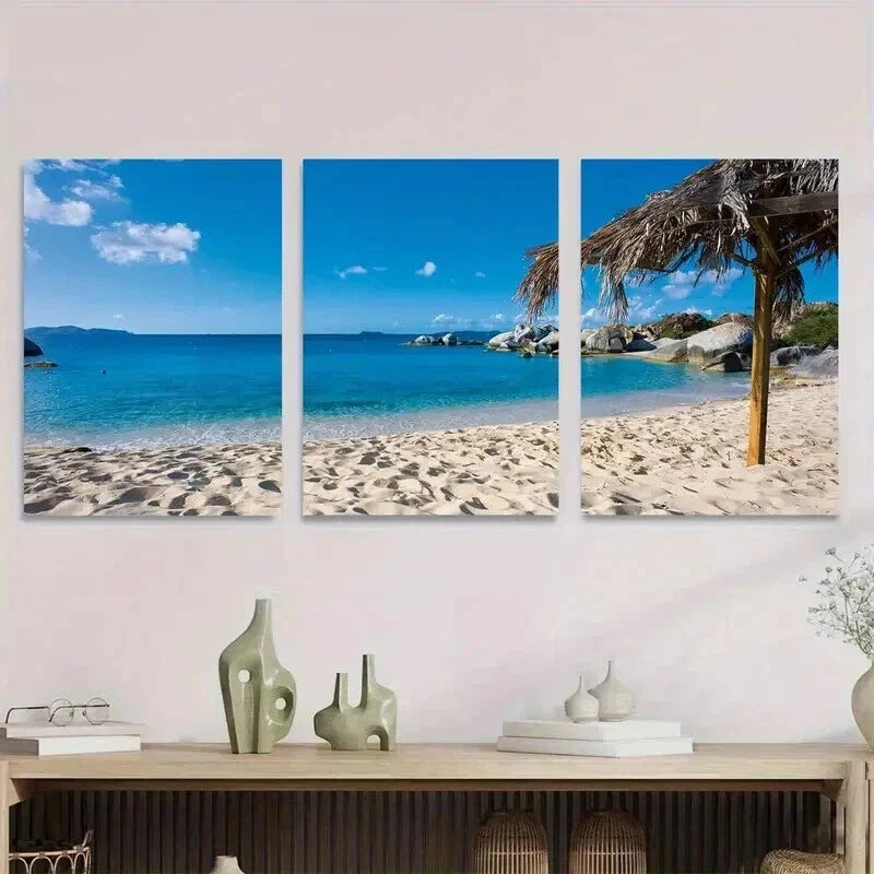 3pcs Beach Paradise Triptych Palm Trees Wall Art Set Canvas Framed 40x60cm - High Quality Print 100% Australian Made Wall Canvas Ready to Hang