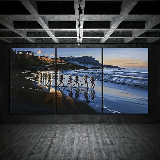 3pcs Children Chasing The Light Of Fireworks Metal Print Ready to Hang Art