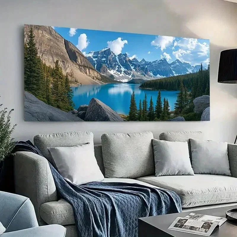 Snowy Peaks Trees Lake wall canvas office home room framed 120x60cm