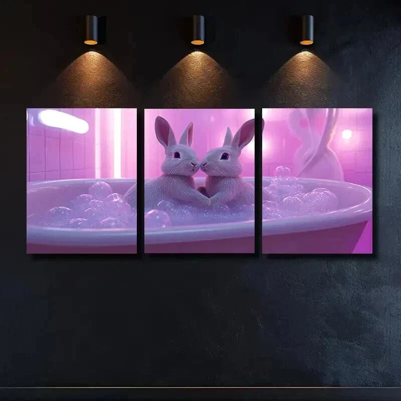 3pcs Charming Rabbits in Bathtub Wall Art Set Canvas Framed 40x60cm - High Quality Print 100% Australian Made Wall Canvas Ready to Hang