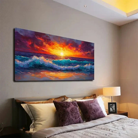 Ocean Sunset Vibrant Colors Wall Art Canvas Office Home Room Framed 120x60cm