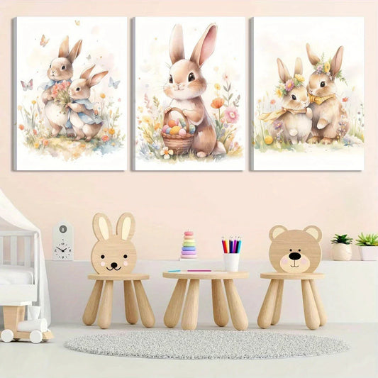 3pcs Cutest Bunnies Holding Bags On Hand Metal Print Ready to Hang Art