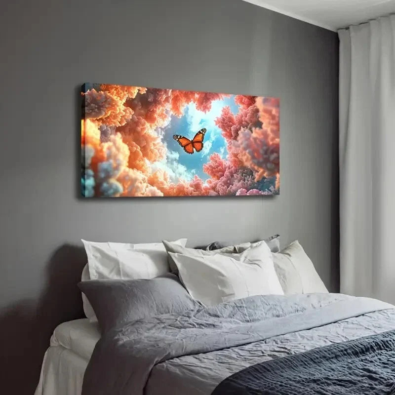 Orange & Black Butterfly Dance Wall Art Canvas Office Home Room Framed 120x60cm