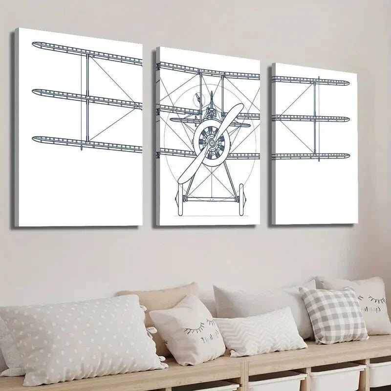 3pcs Simple Airplane Line Wall Art Set Canvas Framed 40x60cm - High Quality Print 100% Australian Made Wall Canvas Ready to Hang