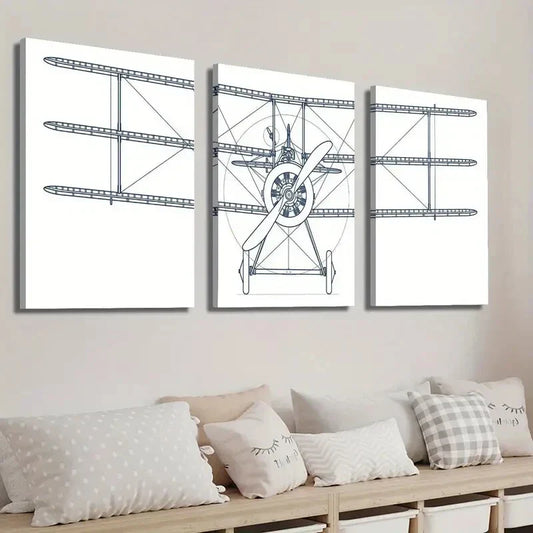 3pcs Simple Airplane Line Wall Art Set Canvas Framed 40x60cm - High Quality Print 100% Australian Made Wall Canvas Ready to Hang