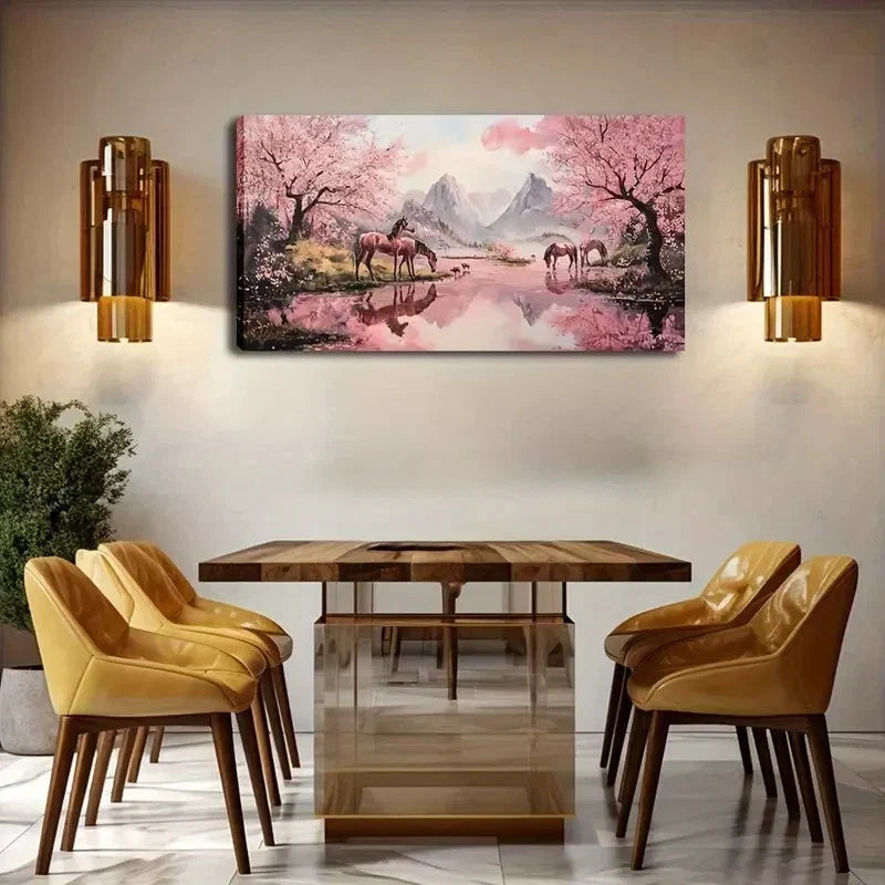 Cherry Blossom Trees & Horses Wall Art Canvas Office Home Room Framed 120x60cm